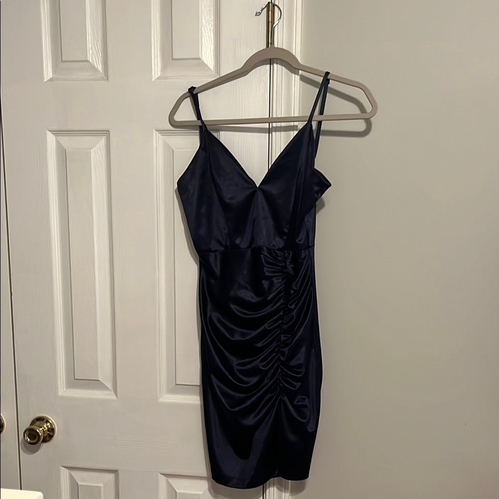 HONEY AND ROSIE Elegant Navy Blue Satin MINI Dress
